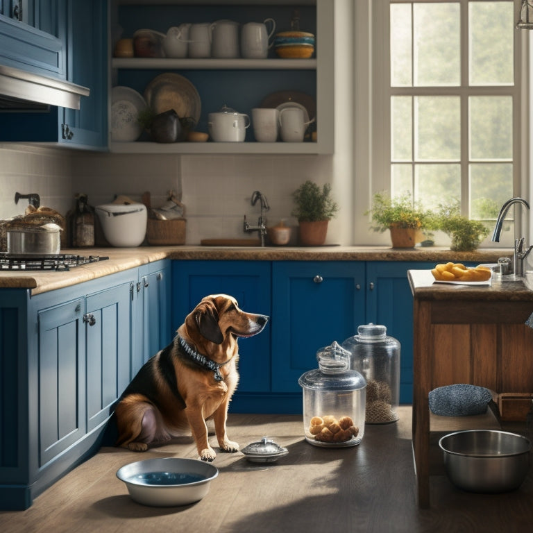 A tidy kitchen with a few subtle signs of pet presence: a dog's water bowl in the corner, a faint paw print on the counter, and a few stray dog hairs on the floor.