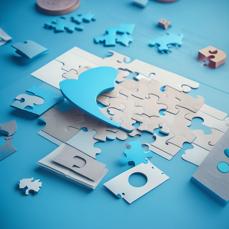 A stylized illustration of a sales enablement puzzle with missing pieces, surrounded by scattered papers, broken charts, and a faint outline of a LinkedIn logo in the background.