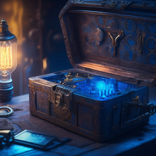 A majestic key unlocking a chest filled with neatly organized, colorful manuals, surrounded by glowing light bulbs and gears, set against a dark blue background with subtle hints of circuitry patterns.
