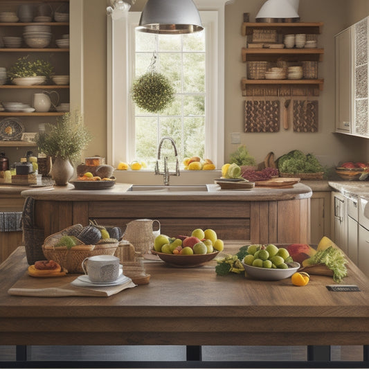 A serene, well-organized kitchen with a large, wooden kitchen island in the center, topped with a neatly arranged meal planning board, surrounded by fresh fruits and a few cookbooks.