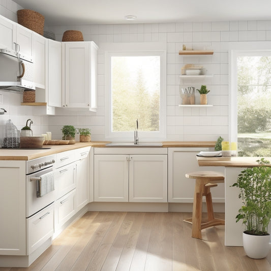 A bright, modern kitchen with creamy white cabinets, warm wood accents, and sleek countertops, featuring pull-out shelves, adjustable lazy susans, and ergonomic handles for easy accessibility.