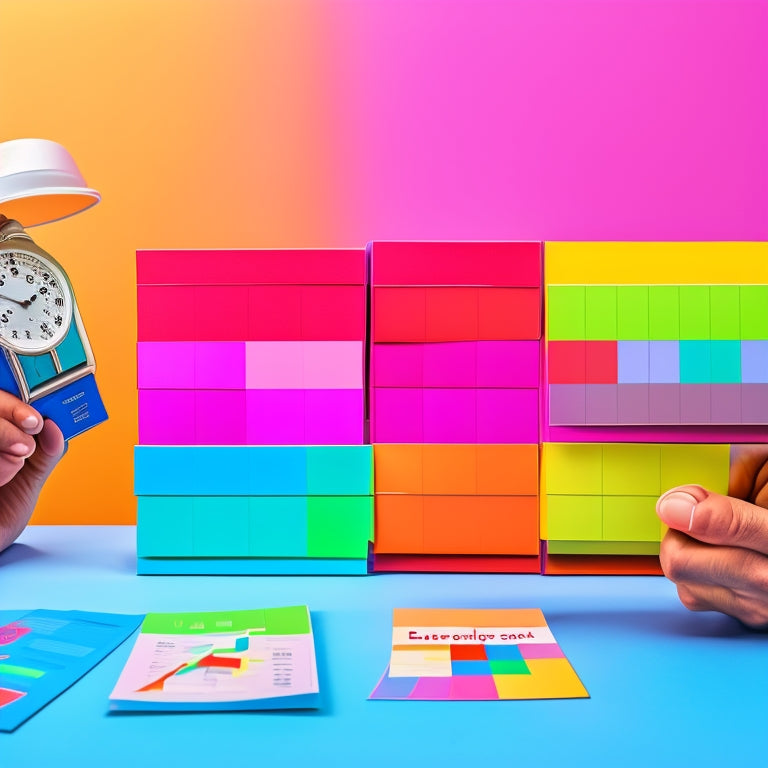 An illustration of a person holding a stack of colorful flashcards, surrounded by project management tools like a stopwatch, a calendar, and a flowchart, set against a bright and organized background.