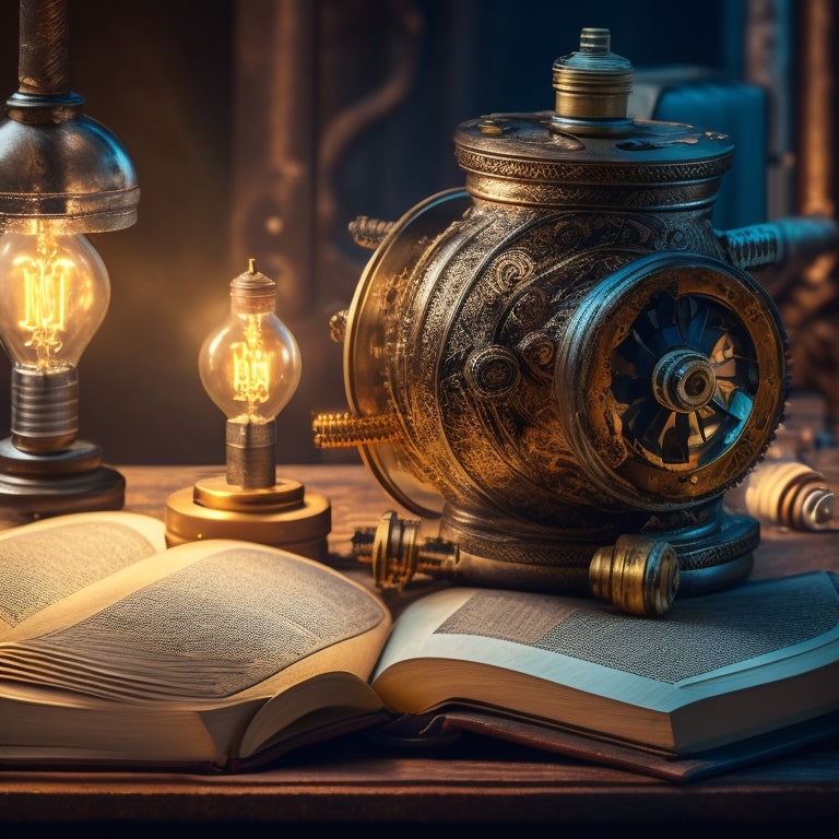 A golden lightbulb bursts forth from an open, worn, leather-bound book, surrounded by scattered gears, cogs, and mechanical parts, with a subtle, glowing aura radiating from the center.