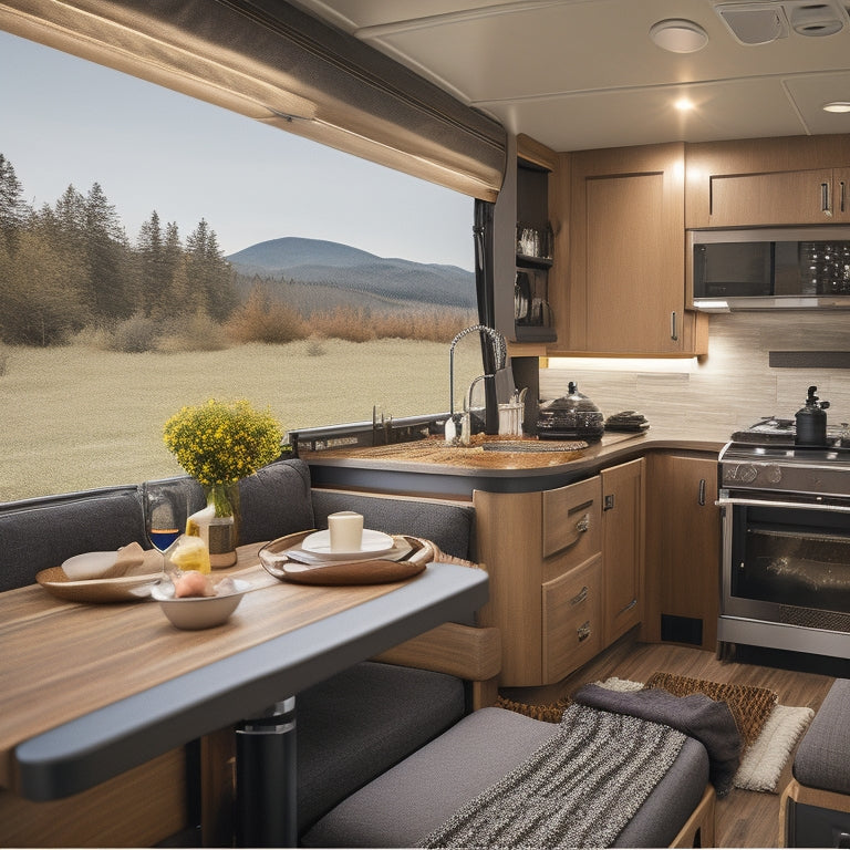 A sleek, modern RV interior with a spotlight shining on a table displaying a curated selection of gadgets, including a portable Wi-Fi router, a wireless coffee maker, and a compact air compressor.