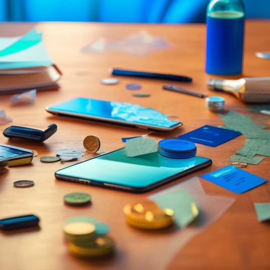 A broken smartphone with a cracked screen, surrounded by torn packaging, receipts, and a product warranty card, on a cluttered desk with a few coins and a tiny magnifying glass.