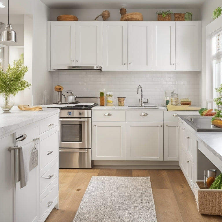 A bright, modern small kitchen with sleek white cabinets, a stainless steel sink, and a compact island featuring a built-in spice rack, utensil hooks, and a pull-out trash can.