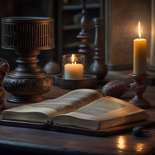 A worn, leather-bound Bible lies open on a wooden desk, surrounded by scattered scrolls, quills, and candles, with a golden lamp casting a warm glow on the ancient texts.