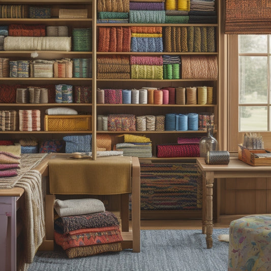 A well-organized quilter's cabinet with open drawers and shelves, showcasing an array of colorful fabrics, threads, and notions, with a partially completed quilt on a nearby worktable.