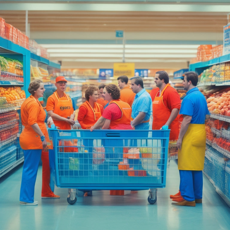 A bustling supermarket scene with a trainer in a bright orange vest standing near a fully stocked shelf, gesturing to a group of trainees in blue aprons, surrounded by shopping carts and baskets.