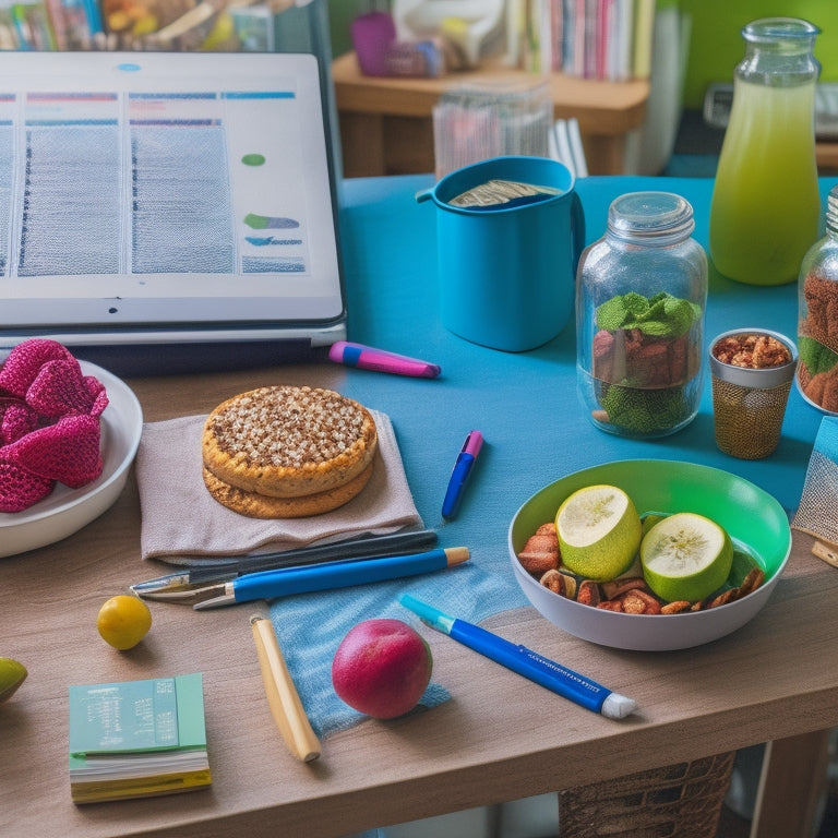 A cluttered college dorm desk with a laptop, textbooks, and scattered notes, contrasted with a tidy and organized meal prep section featuring a planner, colorful pens, and a few healthy snacks.