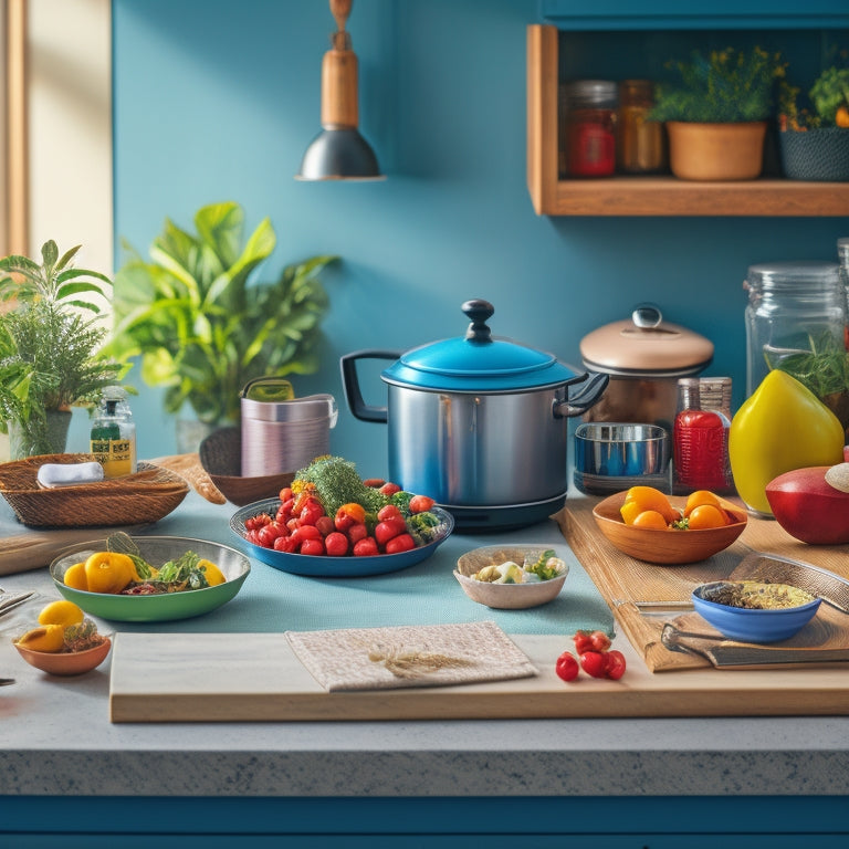 A tidy kitchen counter with a few strategically placed magazine holders in various colors and shapes, filled with utensils, spices, and recipe cards, surrounded by a few chef's hats and a small potted plant.