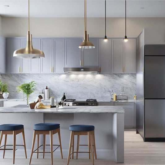 A modern kitchen scene with sleek, minimalist cabinets, a large island, and pendant lights, featuring a laptop open to a stylish kitchen template design on the countertop.