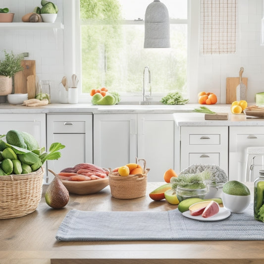 A bright and airy kitchen with a clean wooden table, a basket of fresh vegetables, and a few essential keto-friendly groceries such as avocados, salmon fillets, and almond flour jars arranged neatly around a printed meal planning calendar.