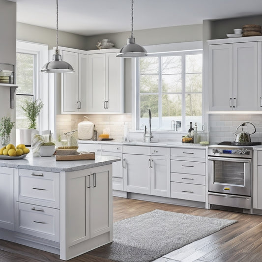 A bright, modern kitchen with sleek, white cabinets, polished chrome handles, and a central island featuring a built-in spice rack, utensil organizers, and a pull-out trash can.