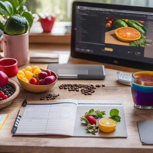 A kitchen counter with a laptop, a cup of coffee, and a few colorful pens beside a printed meal planning template with checkboxes and a calendar layout, surrounded by fresh fruits and vegetables.