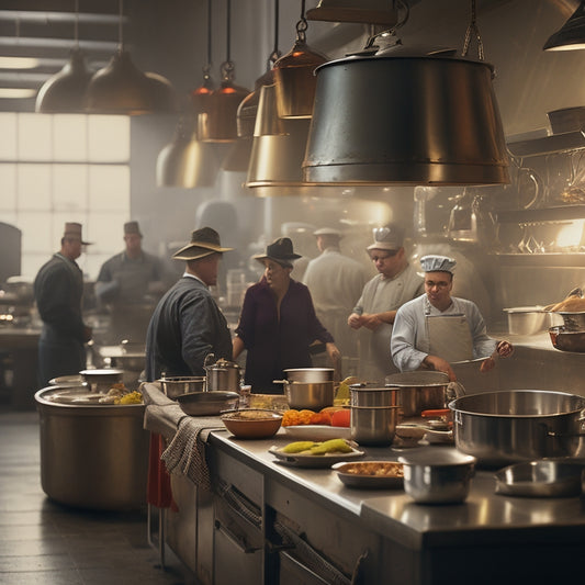 A bustling camp kitchen scene: stainless steel counters, industrial-sized pots, and utensils hanging from hooks, with a warm golden light and a few chefs in the background, preparing a meal.