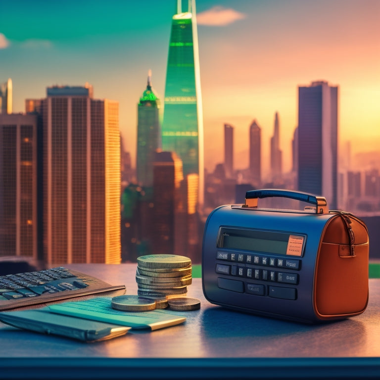 A calculator and a briefcase overflowing with coins, surrounded by a cityscape of skyscrapers and a subtle green glow, conveying financial growth and prosperity.