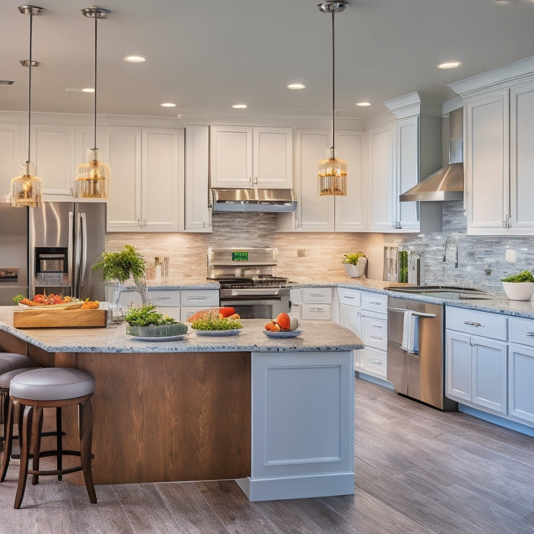 A bright, modern kitchen with warm lighting, featuring a large island in the center, surrounded by sleek, white cabinets, stainless steel appliances, and a stunning, stone-patterned backsplash.