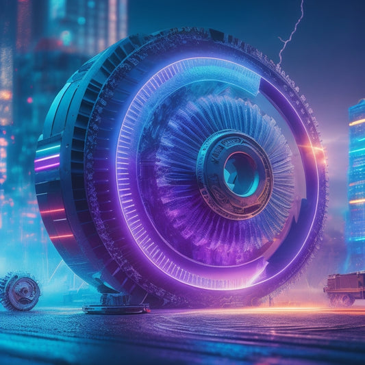 A futuristic, neon-lit cityscape with a giant gear or cogwheel at its center, surrounded by rising sales charts and graphs, with lightning bolts or sparks emanating from the gear's core.