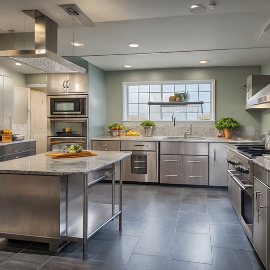 A spotless commercial kitchen with stainless steel appliances, gleaming countertops, and organized utensils, featuring a central island with a large, well-maintained cooking range and a clock on the wall.