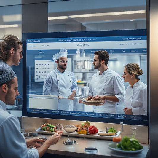 A modern restaurant kitchen with a large touchscreen display showing an organized digital order guide, surrounded by happy chefs and waiters, with a faint Excel logo in the corner of the screen.