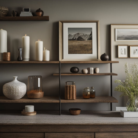A well-lit, modern living room with three floating shelves in varying sizes, made of rustic wood, holding decorative vases, books, and a few framed photos, against a crisp white wall.