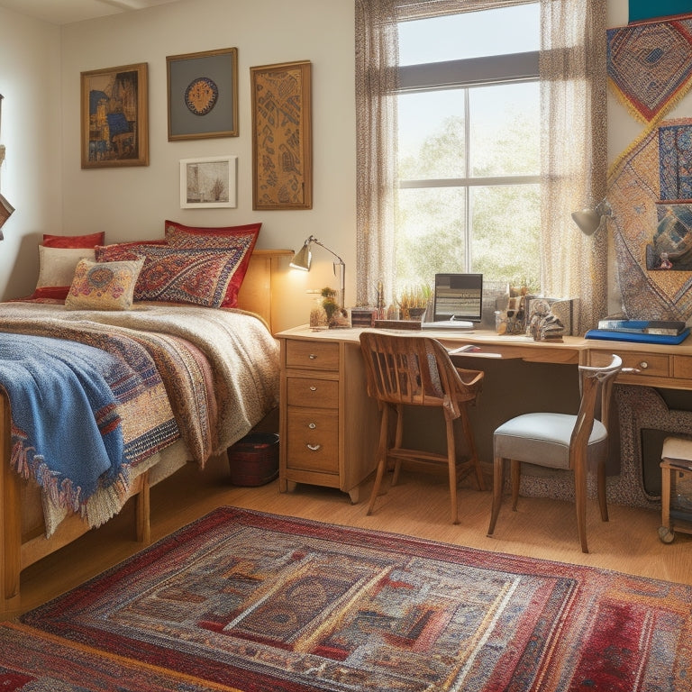 A cozy, well-lit dorm room with a neatly organized desk, a vibrant rug, and a mix of modern and cultural decorative elements, such as a traditional African patterned blanket and a Japanese-inspired wall art.