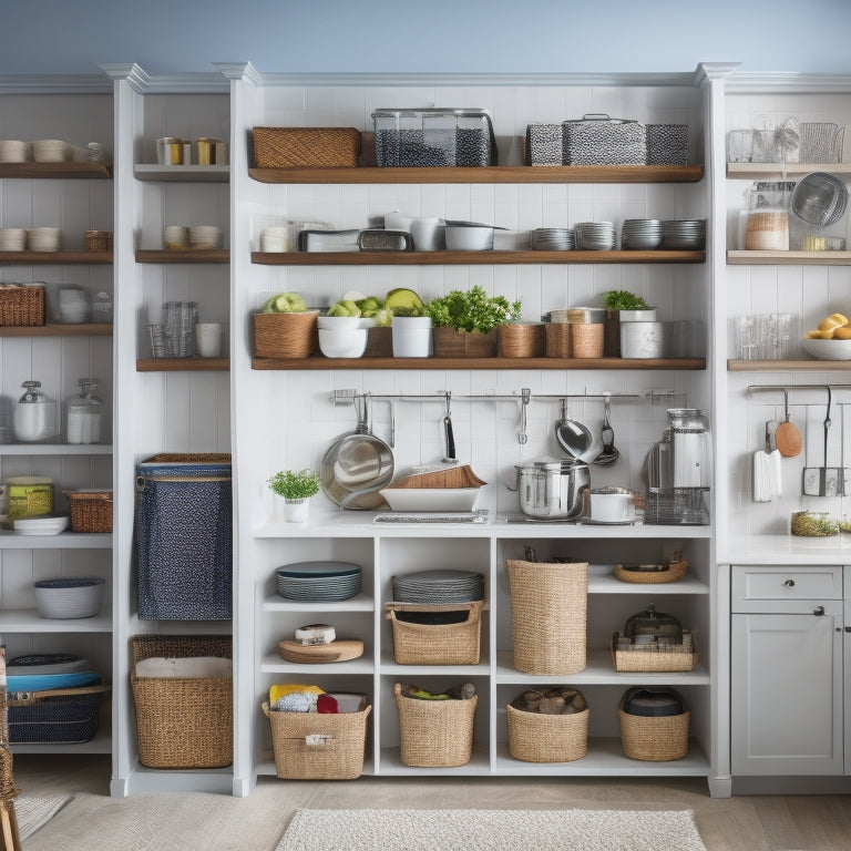 A tidy kitchen with a mix of open and closed storage: a utensil holder filled with organized kitchen tools, a few cookbooks on a built-in shelf, and a pull-out pantry with labeled baskets.