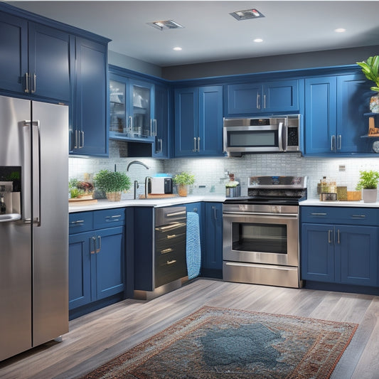 A modern kitchen with sleek cabinets, gray countertops, and stainless steel appliances, surrounded by design tablets, laptops, and colorful swatches, with a 3D kitchen layout on a large screen in the background.