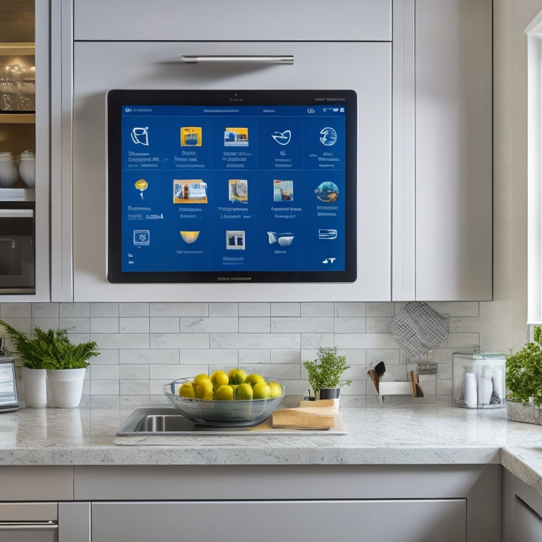 A bright, modern kitchen with a large touchscreen tablet mounted on the wall, displaying a digital calendar and shopping list, surrounded by sleek, organized cabinets and countertops.