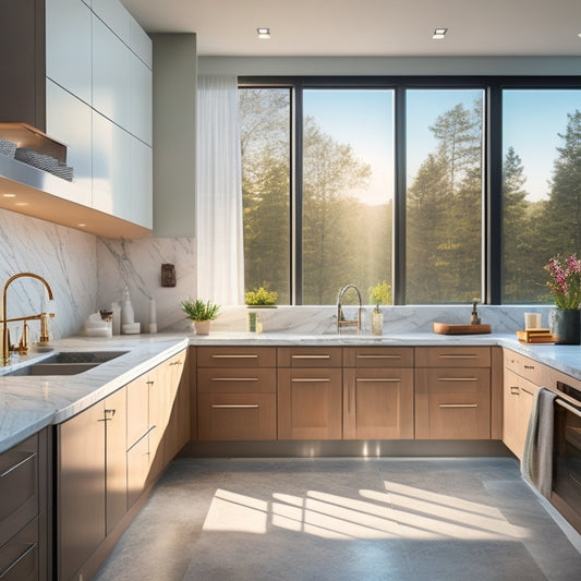 A modern kitchen and bathroom showroom with sleek fixtures, marble countertops, and large windows, featuring a subtle background of rising graphs and increasing profit symbols.