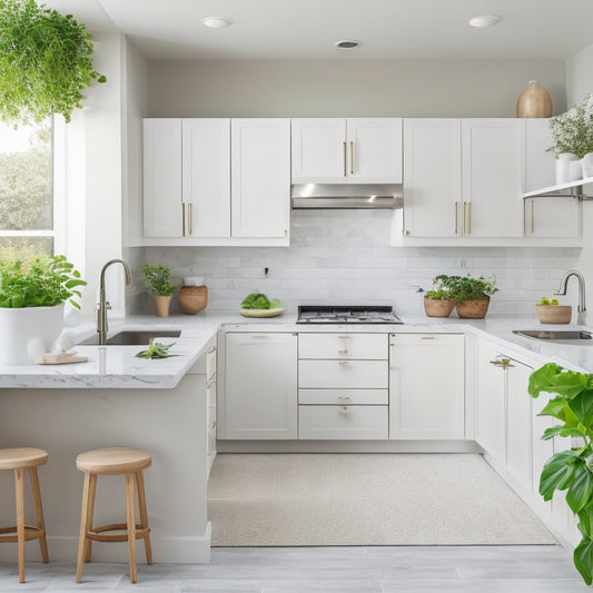 A serene, modern kitchen with sleek white cabinets, a large island, and a minimalist backsplash, featuring a few, thoughtfully placed, stainless steel appliances and a small, potted green plant.