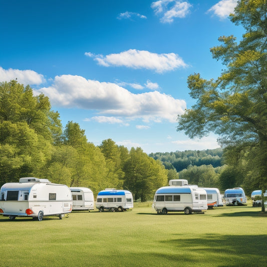 A serene landscape featuring a row of shiny RVs in various sizes and colors, parked against a backdrop of lush green trees and a clear blue sky with a few puffy white clouds.