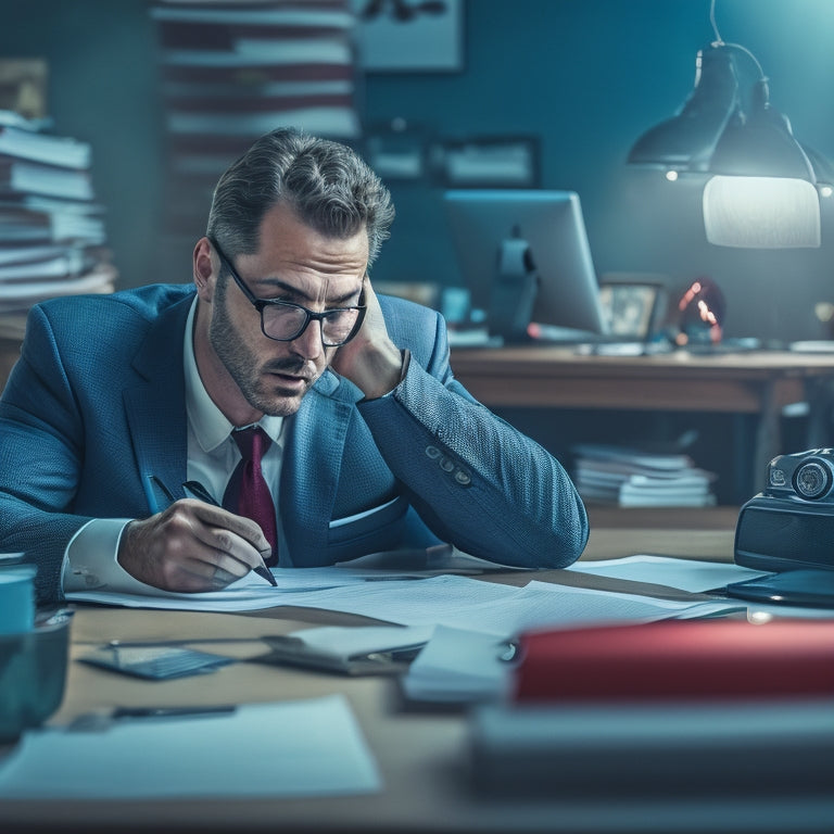 A stressed car buyer sitting at a cluttered desk, surrounded by paperwork and pens, with a shady salesman looming over them, hand on their shoulder, and a red 'X' symbol overlaid on the scene.