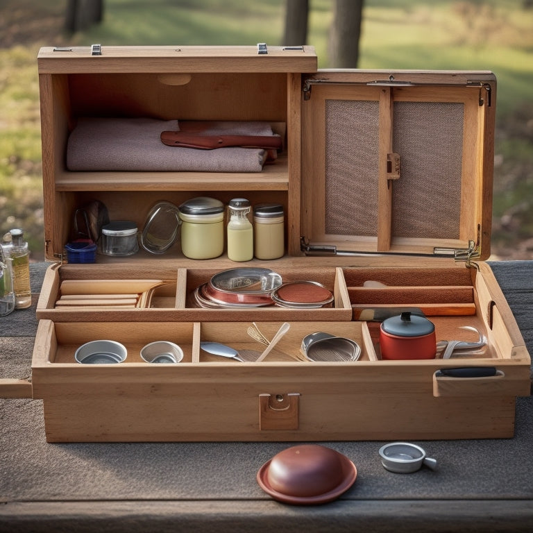 A rectangular, wooden camping box with a hinged lid, opened to reveal a neatly organized interior with compartments, dividers, and pockets containing camping cookware, utensils, and supplies in a warm, natural environment.