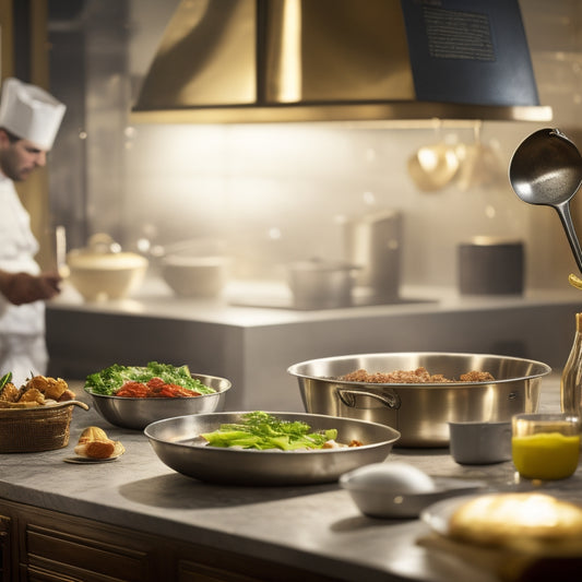 A warm, golden-lit kitchen with a stainless steel counter, where a chef's hat and utensils lie beside a sizzling skillet, as a perfectly plated dish awaits, with a blurred Mike Greenfield in the background.