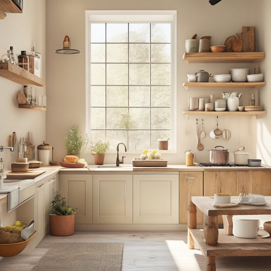 A modern kitchen with cream-colored walls, featuring a 5-tier open shelving system in reclaimed wood, showcasing a mix of decorative ceramics, cookbooks, and kitchen utensils, with soft natural light pouring in from a nearby window.