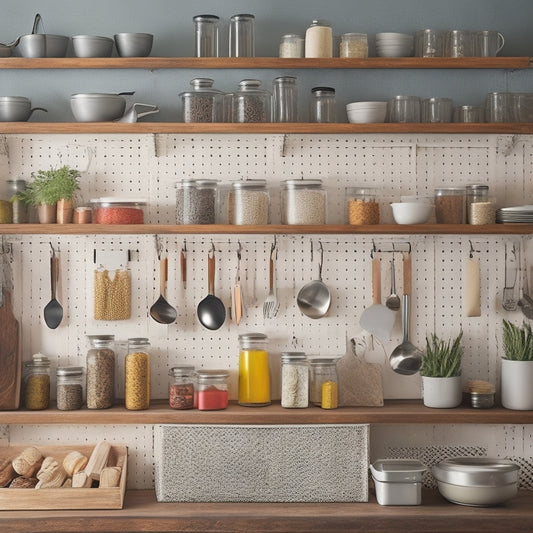 A tidy kitchen with a pegboard on the wall, holding utensils and cookware, alongside a row of matching jars on a shelf, and a pull-out drawer organizer filled with spices and oils.