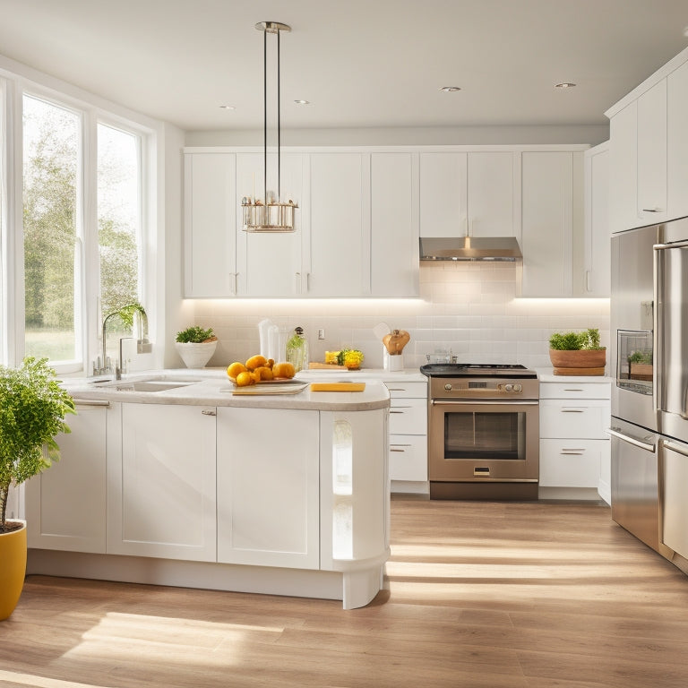 A bright, modern kitchen with sleek, white IKEA cabinets, stainless steel appliances, and a large island with a built-in sink, surrounded by warm, honey-colored hardwood floors and plenty of natural light.