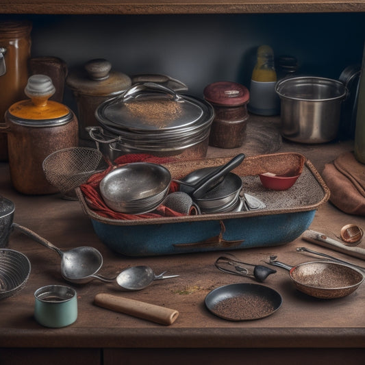 A cluttered kitchen drawer overflowing with tangled utensils, rusty gadgets, and cracked containers, with a few silverware handles poking out, surrounded by dark shadows and a faint hint of dust.