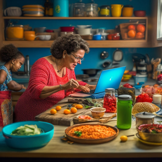 A chaotic kitchen scene with a frazzled mom surrounded by open recipe books, utensils, and ingredients, while a laptop in the background displays a serene online cooking class in progress.