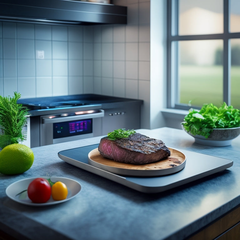 A sleek, modern kitchen with a stainless steel probe inserted into a perfectly seared steak, surrounded by fresh herbs and a tablet displaying real-time internal temperature readings.