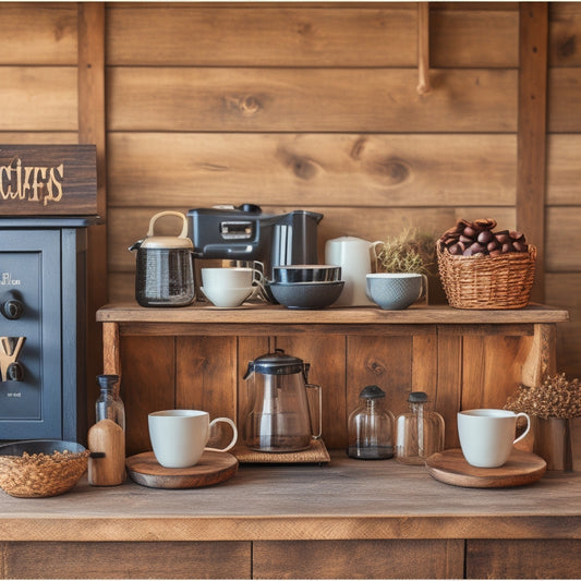 A rustic wooden coffee shop counter with steaming cups, a few loose coffee beans, and a customizable wooden sign with interchangeable letters and symbols in a modern farmhouse style.