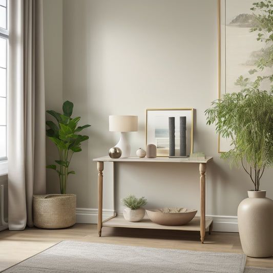 A serene, minimalist living room with a neutral color palette, warm natural light, and tastefully arranged furniture, featuring a prominent console table with a few, carefully selected decorative objects.