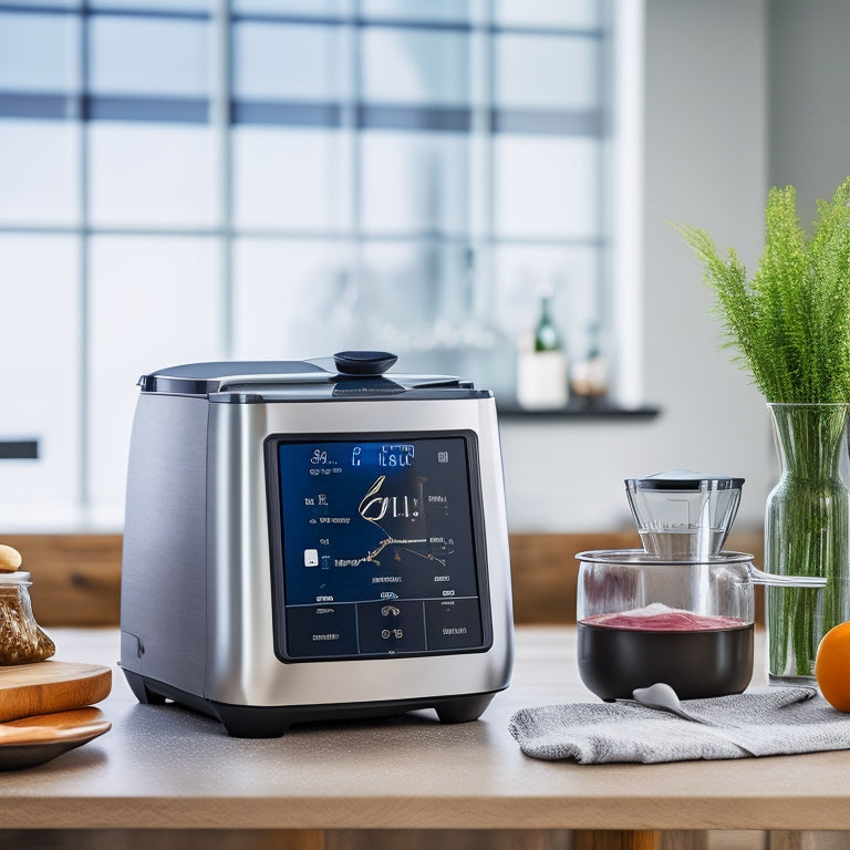 A modern kitchen counter with a stand mixer, immersion blender, touchscreen Instant Pot, and a wireless meat thermometer, arranged artfully with a few fresh herbs and a sprinkle of flour.