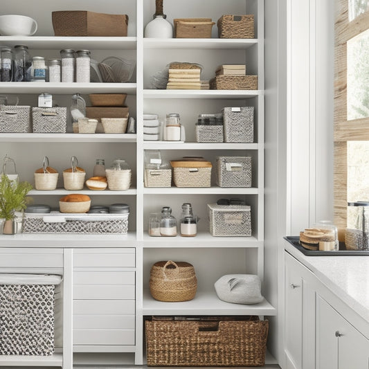 A bright, modern pantry with sleek white shelves, baskets, and containers, filled with neatly organized food items, cookbooks, and utensils, amidst a calming background of soft gray walls and warm wooden accents.