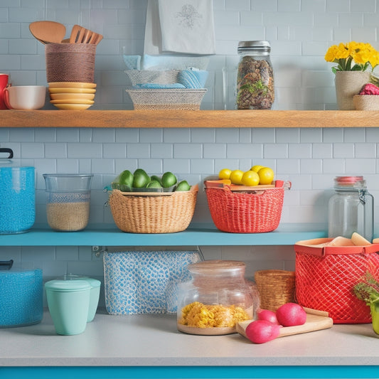 A colorful, clutter-free kitchen countertop with a mix of Dollar Tree storage bins, baskets, and utensils, including a tiered shelf, a utensil organizer, and a few decorative vases.