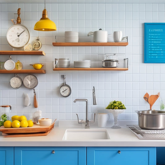 A bright, modern kitchen with a sleek island, utensils organized on a pegboard, a stainless steel sink with a soap dispenser, and a clock on the wall displaying 30 minutes past 7 am.