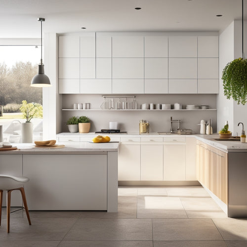 A bright, modern kitchen with sleek countertops, a minimalist island, and a few carefully placed utensils, surrounded by plenty of negative space, evoking a sense of efficiency and organization.