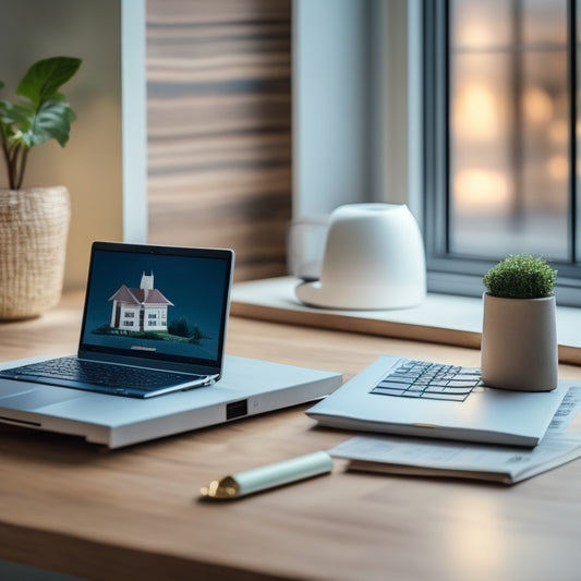 A minimalist illustration featuring a sleek, modern laptop on a polished wooden desk, surrounded by scattered paper documents and a miniature house model, with a subtle cityscape in the background.